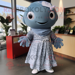 Gray Whale mascot costume character dressed with a Wrap Dress and Hairpins