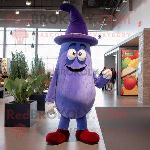 Lavender Eggplant mascot costume character dressed with a Flare Jeans and Hat pins