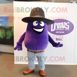 Lavender Eggplant mascot costume character dressed with a Flare Jeans and Hat pins