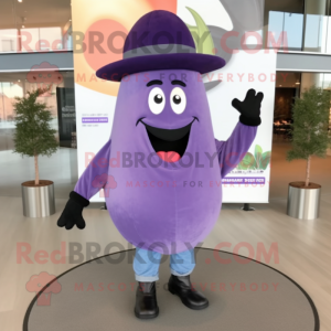 Lavender Eggplant mascot costume character dressed with a Flare Jeans and Hat pins