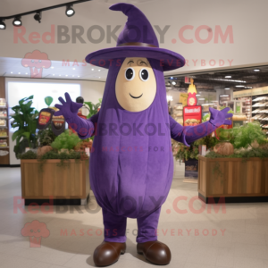 Lavender Eggplant mascot costume character dressed with a Flare Jeans and Hat pins