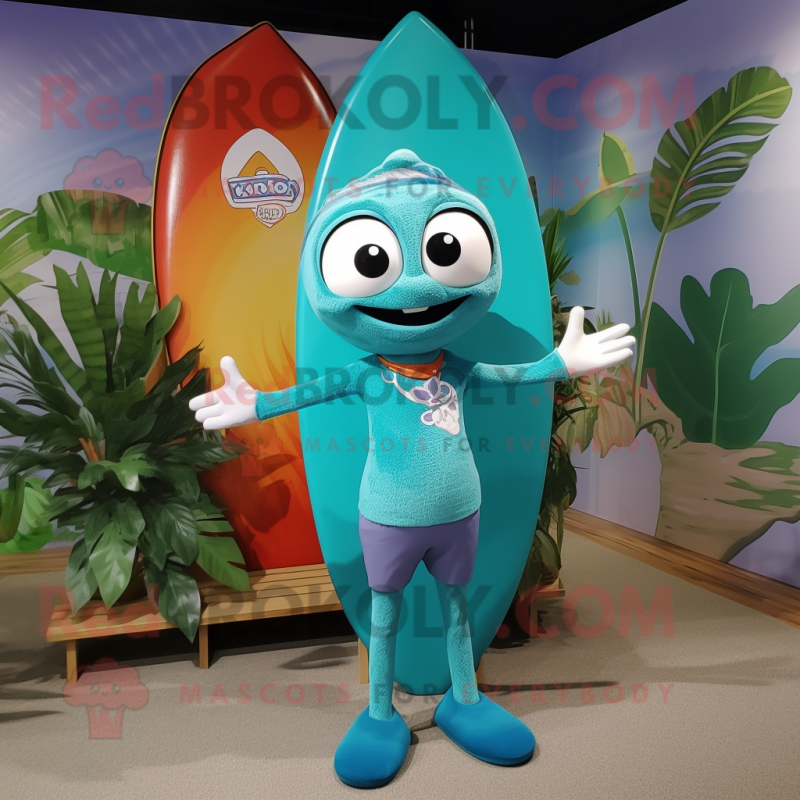Turquoise Surfboard mascot costume character dressed with a Blouse and Headbands Turquoise Surfboard mascot costume character dressed with a Blouse and Headbands