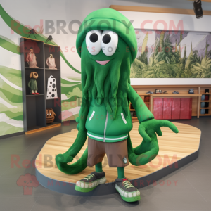 Forest Green Kraken mascot costume character dressed with a Sweater and Shoe laces