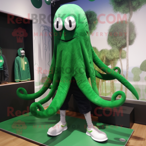 Forest Green Kraken mascot costume character dressed with a Sweater and Shoe laces