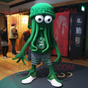 Forest Green Kraken mascot costume character dressed with a Sweater and Shoe laces