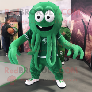 Forest Green Kraken mascot costume character dressed with a Sweater and Shoe laces