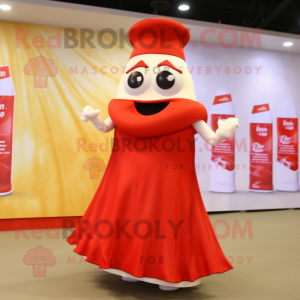 Cream Bottle Of Ketchup mascot costume character dressed with a Evening Gown and Shoe laces