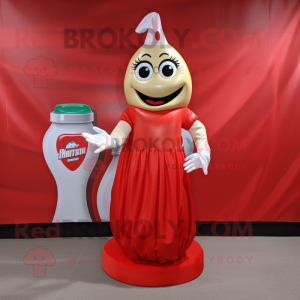 Cream Bottle Of Ketchup mascot costume character dressed with a Evening Gown and Shoe laces