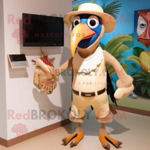 Tan Toucan mascot costume character dressed with a Capri Pants and Watches