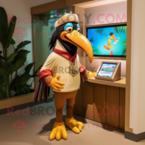 Tan Toucan mascot costume character dressed with a Capri Pants and Watches