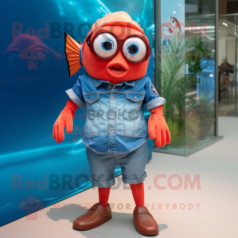 Red Clown Fish mascot costume character dressed with a Denim Shorts and Sunglasses