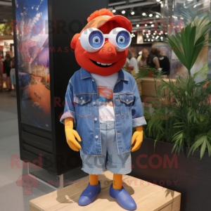 Red Clown Fish mascot costume character dressed with a Denim Shorts and Sunglasses