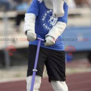 White unicorn mascot in blue and black outfit - Redbrokoly.com
