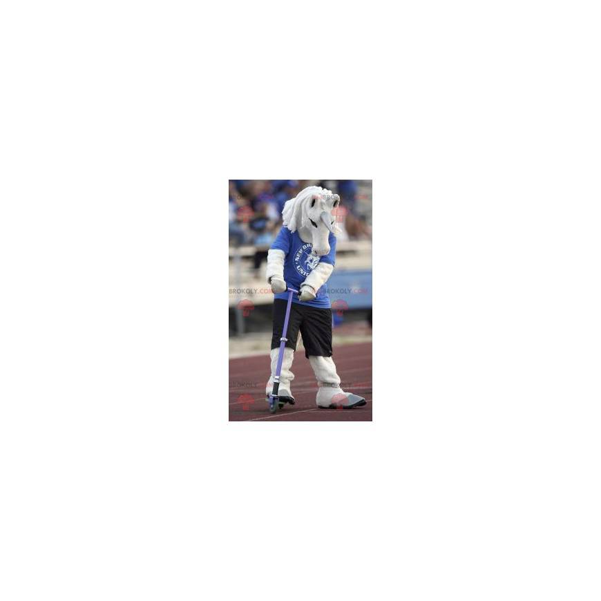 White unicorn mascot in blue and black outfit - Redbrokoly.com