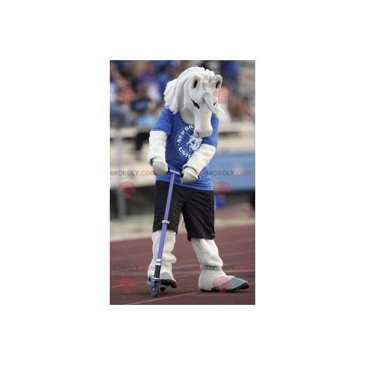 Mascotte de licorne blanche en tenue bleue et noire -