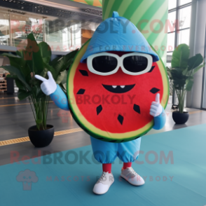 Sky Blue Watermelon mascot costume character dressed with a Jeggings and Sunglasses