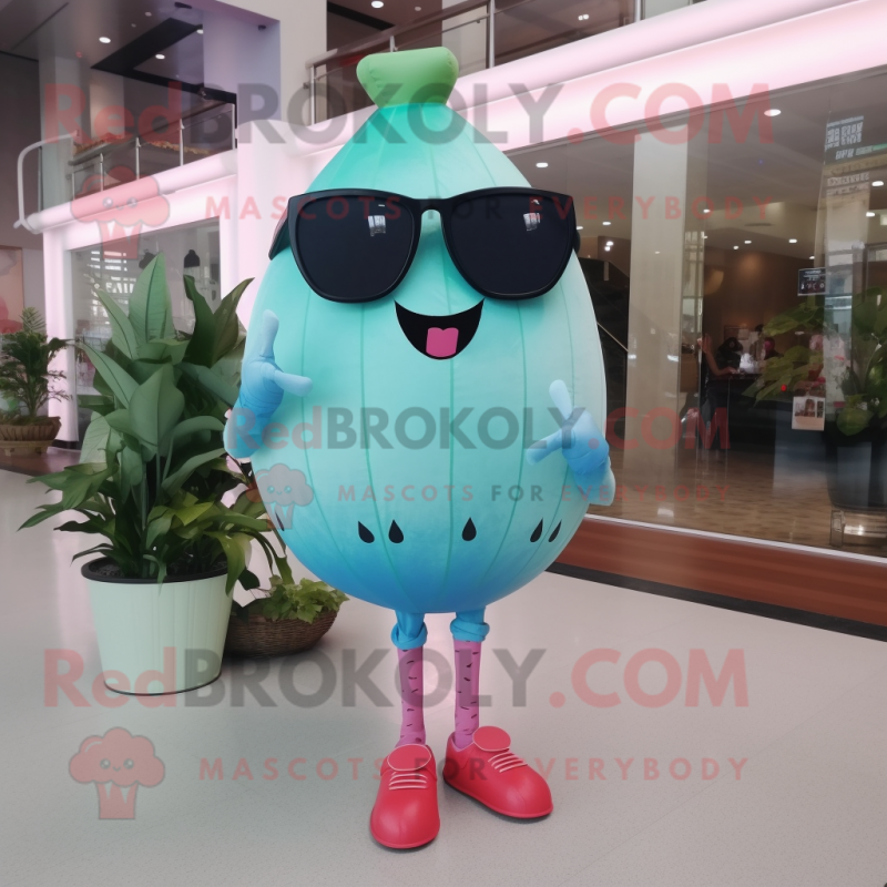 Sky Blue Watermelon mascot costume character dressed with a Jeggings and Sunglasses Sky Blue Watermelon mascot costume character dressed with a Jeggings and Sunglasses