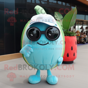 Sky Blue Watermelon mascot costume character dressed with a Jeggings and Sunglasses