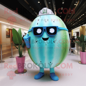 Sky Blue Watermelon mascot costume character dressed with a Jeggings and Sunglasses