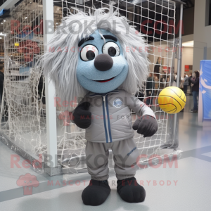 Gray Volleyball Net mascot costume character dressed with a Parka and Tie pins