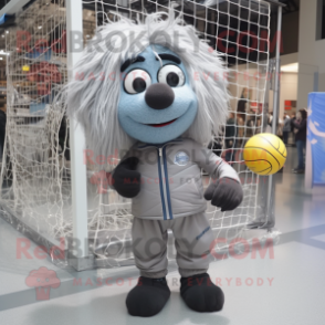 Gray Volleyball Net mascot costume character dressed with a Parka and Tie pins