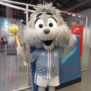 Gray Volleyball Net mascot costume character dressed with a Parka and Tie pins