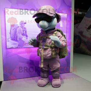 Purple Special Air Service mascot costume character dressed with a Cargo Shorts and Bracelets