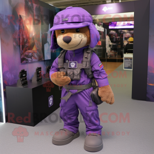 Purple Special Air Service mascot costume character dressed with a Cargo Shorts and Bracelets