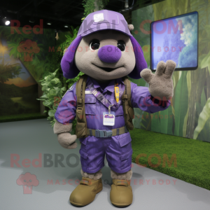 Purple Special Air Service mascot costume character dressed with a Cargo Shorts and Bracelets