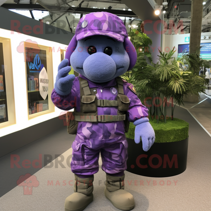 Purple Special Air Service mascot costume character dressed with a Cargo Shorts and Bracelets