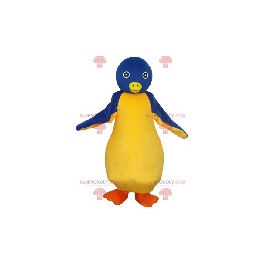 Mascota de pingüino azul y amarillo con bonitos ojos. -