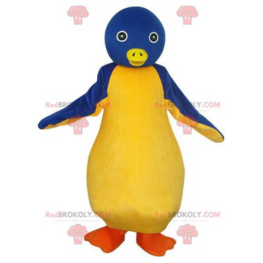 Blaues und gelbes Pinguin-Maskottchen mit hübschen Augen. -