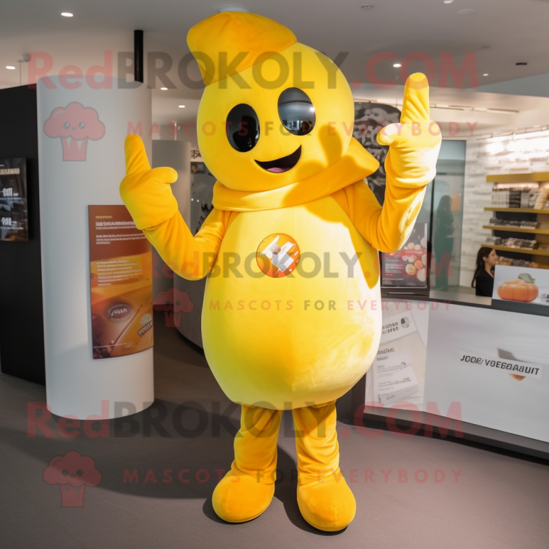 Yellow Apricot mascot costume character dressed with a Flare Jeans and Gloves