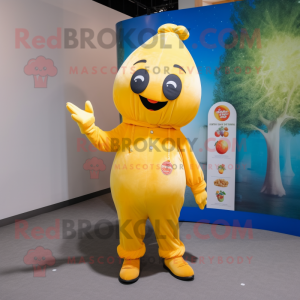 Yellow Apricot mascot costume character dressed with a Flare Jeans and Gloves