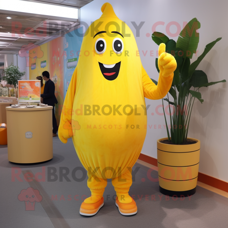 Yellow Apricot mascot costume character dressed with a Flare Jeans and Gloves Yellow Apricot mascot costume character dressed with a Flare Jeans and Gloves