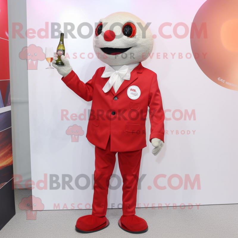 Red Champagne mascot costume character dressed with a Poplin Shirt and Pocket squares