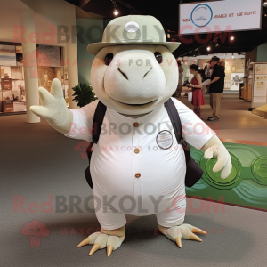 White Glyptodon mascot costume character dressed with a Henley Shirt and Hats