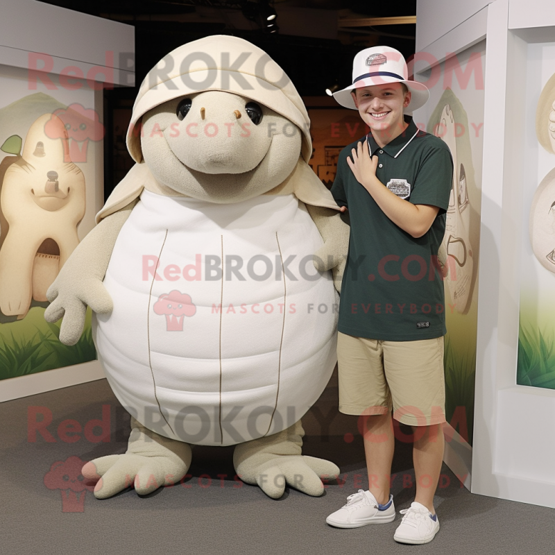 White Glyptodon mascot costume character dressed with a Henley Shirt and Hats