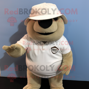 White Glyptodon mascot costume character dressed with a Henley Shirt and Hats