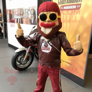 Maroon Currywurst mascot costume character dressed with a Biker Jacket and Pocket squares