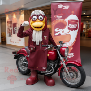Maroon Currywurst mascot costume character dressed with a Biker Jacket and Pocket squares