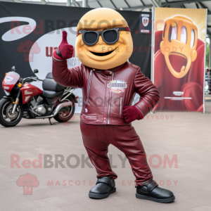 Maroon Currywurst mascot costume character dressed with a Biker Jacket and Pocket squares