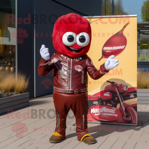 Maroon Currywurst mascot costume character dressed with a Biker Jacket and Pocket squares