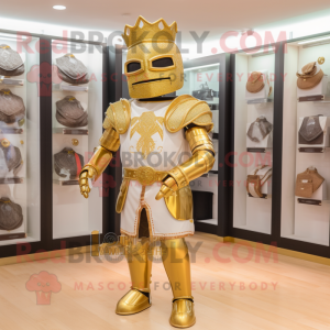 Gold Medieval Knight mascot costume character dressed with a Jumpsuit and Necklaces
