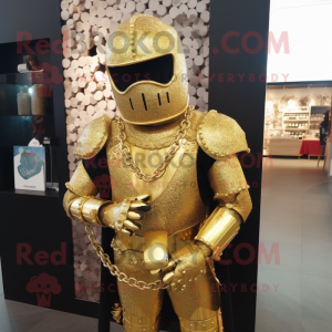 Gold Medieval Knight mascot costume character dressed with a Jumpsuit and Necklaces