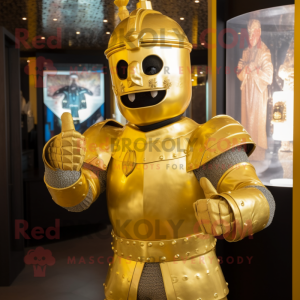 Gold Medieval Knight mascot costume character dressed with a Jumpsuit and Necklaces