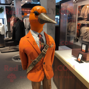 Orange Passenger Pigeon mascot costume character dressed with a Suit and Necklaces
