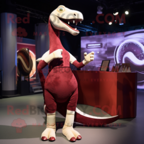 Maroon Diplodocus mascot costume character dressed with a Mini Skirt and Cufflinks