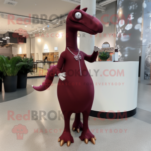 Maroon Diplodocus mascot costume character dressed with a Mini Skirt and Cufflinks