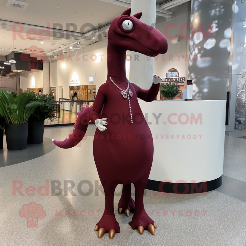 Maroon Diplodocus mascot costume character dressed with a Mini Skirt and Cufflinks Maroon Diplodocus mascot costume character dressed with a Mini Skirt and Cufflinks